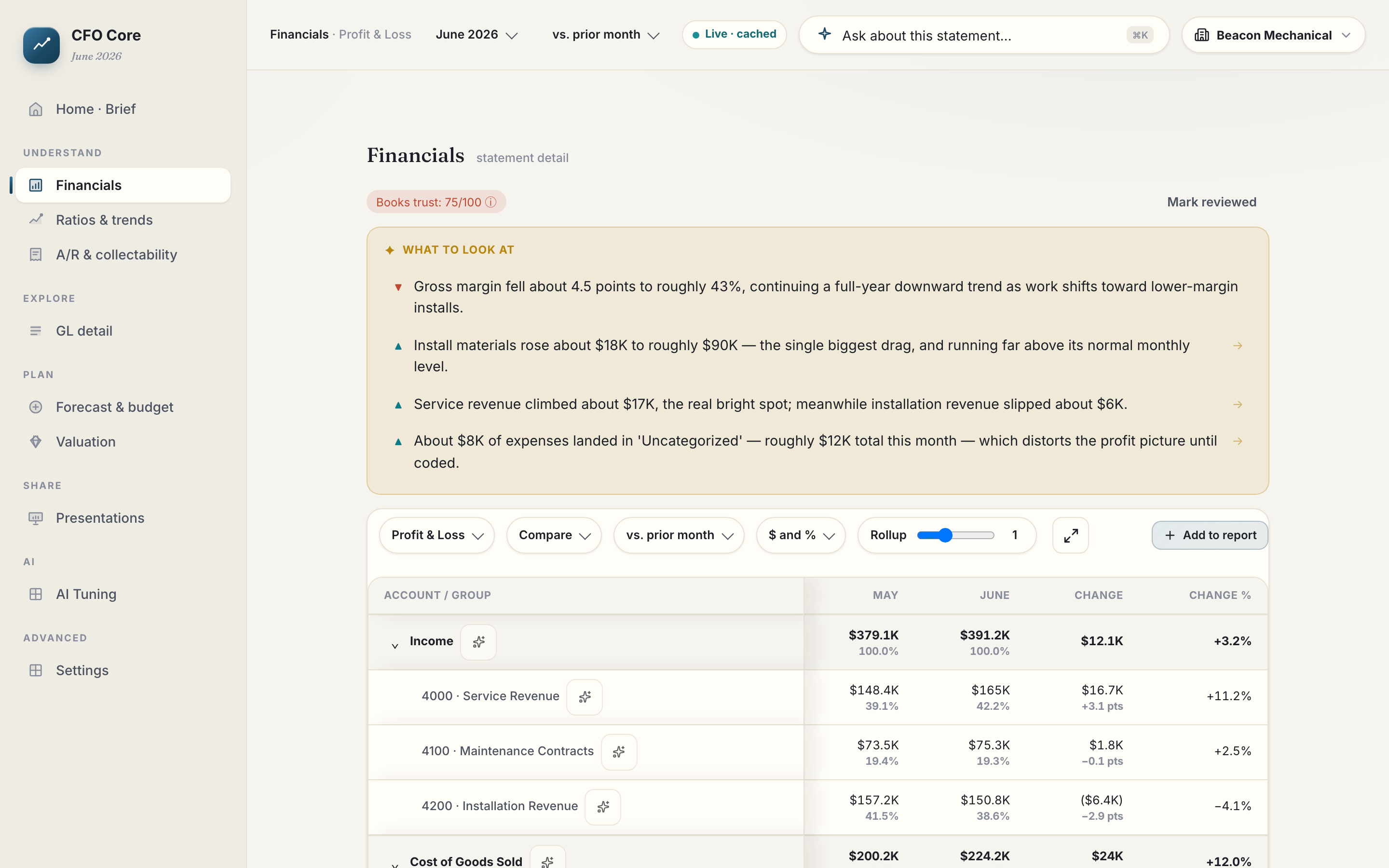 Beacon Mechanical's profit and loss — account-numbered statements with month-over-month compare — live product, sample data